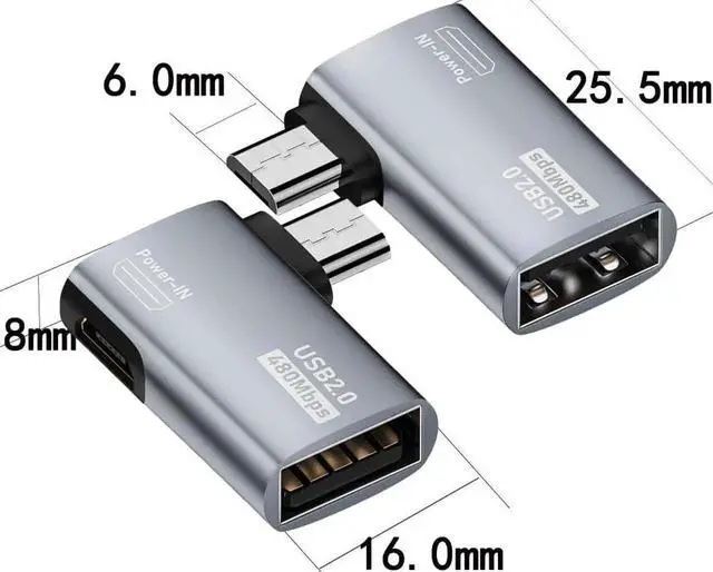 Alt view image 5 of 5 - JAENFONG 2-in-1 Powered Micro USB OTG Adapter 90 Degree Right Angled with Micro USB Power Charging Port 2 Pack