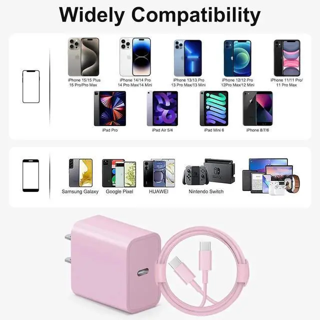 Alt view image 3 of 6 - iPhone 16 15 Charger Fast Charging 10Ft - 2 Pack 20W USB C Wall Charger Block and Type C to C Cable Compatible with iPhone 16/16 Pro/16 Pro Max/iPhone 15 iPad Pro Air 5/4 iPad 10Pink
