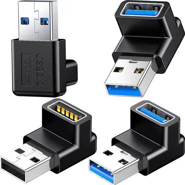 Main image of JAENFONG 4 Pack 10Gbps USB 3.1 Male to Female Adapter Right Angle Up and Down Angle 90 Degree USB 3.0 A Connector Support 3A Fast Charging for Computer PC Desktop Laptop USB Hub USB Charger