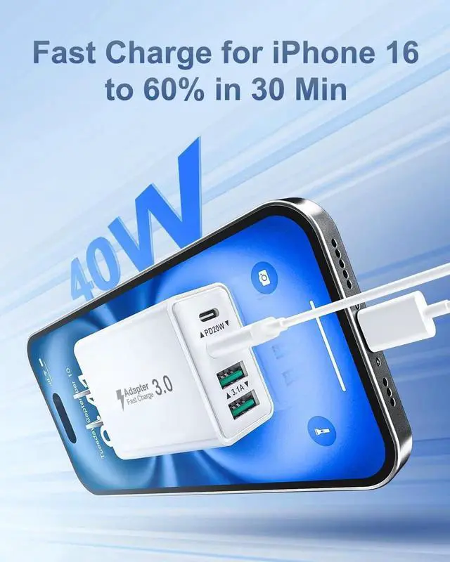 Alt view image 3 of 7 - USB C Charger Block 2-Pack 40W USBC Wall Charger Plug 4 Ports Dual PD Power Adapter +QC 3.0 Fast Charging Brick Multiport Type C Cubes Box for iPhone 16 15 14 13 12 11 Pro Max Plus iPad