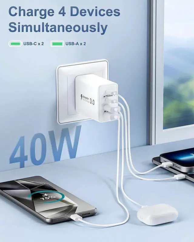 Alt view image 7 of 7 - USB C Charger Block 2-Pack 40W USBC Wall Charger Plug 4 Ports Dual PD Power Adapter +QC 3.0 Fast Charging Brick Multiport Type C Cubes Box for iPhone 16 15 14 13 12 11 Pro Max Plus iPad