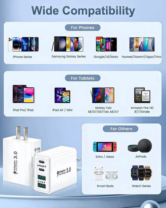 Alt view image 2 of 7 - USB C Charger Block 2-Pack 40W USBC Wall Charger Plug 4 Ports Dual PD Power Adapter +QC 3.0 Fast Charging Brick Multiport Type C Cubes Box for iPhone 16 15 14 13 12 11 Pro Max Plus iPad