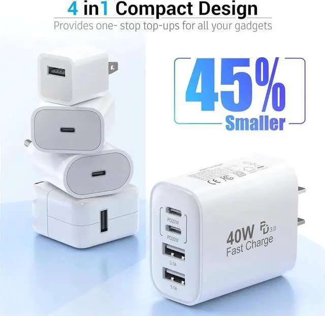 Alt view image 3 of 7 - USB C Block 40W 4 Ports Wall Plug Fast Charging Block PD+QC Multiport Power Adapter USB C Charger Type C for iPhone 16 15 14 13 12 11 Pro Max X Xr Xs 8 7 Watch Galaxy Phones (White 1Pack)