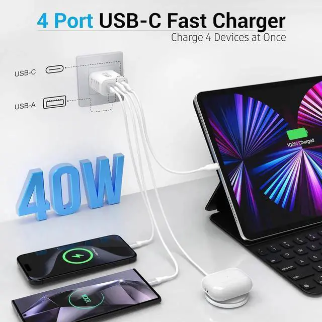 Alt view image 7 of 7 - USB C Block 40W 4 Ports Wall Plug Fast Charging Block PD+QC Multiport Power Adapter USB C Charger Type C for iPhone 16 15 14 13 12 11 Pro Max X Xr Xs 8 7 Watch Galaxy Phones (White 1Pack)
