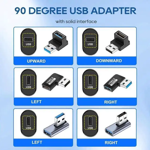 Alt view image 7 of 7 - JAENFONG 4PCS 90 Degree USB 3.2 Adapter 10Gbps USB Right Angle Adapters Vertical Up and Down Angle Left and Right Male to Female for PC Laptop Mouse and Keyboard