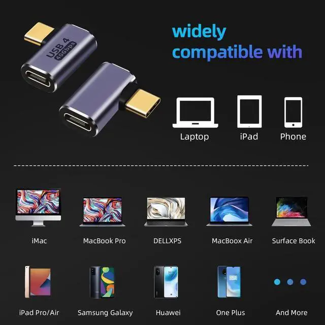 Alt view image 3 of 6 - JAENFONG USB C 90 Degree Adapter (2 Pack) 40Gbps Data Transfer USB Type C Male to Female Right Angle Extender for Steam Deck Switch Thunderbolt4 Laptop Mobile Phone Tablet