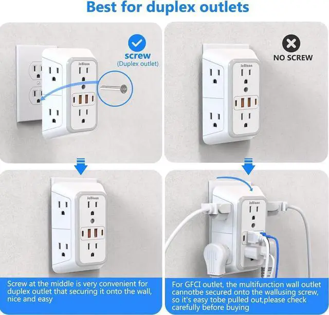 Alt view image 5 of 7 - Outlet Extender Surge Protector - 6 Outlet Splitter with 4 USB Ports (2 USB C) Multiple Plug Expander Wall Charger 3 Sided Multi Plug Wall Adapter Power Strip for Home Office Kitchen Travel
