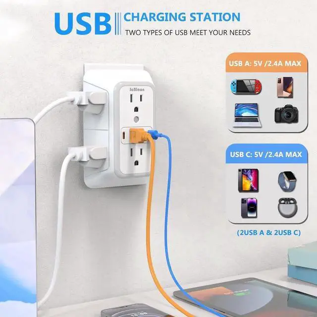 Alt view image 4 of 7 - Outlet Extender Surge Protector - 6 Outlet Splitter with 4 USB Ports (2 USB C) Multiple Plug Expander Wall Charger 3 Sided Multi Plug Wall Adapter Power Strip for Home Office Kitchen Travel