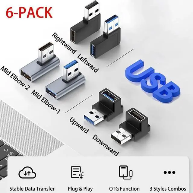 Alt view image 6 of 7 - JAENFONG 6 Pack 10Gbps USB 3.1 Male to Female Adapter Up Down Left Right 90 Degree Right Angle USB Cable Extension Connector 6 Types Support 3A Charging Speed