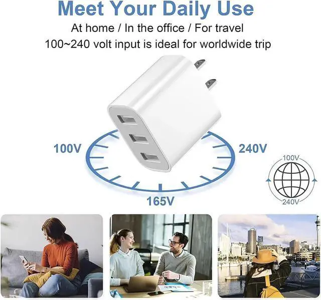 Alt view image 5 of 7 - 3-Port USB Wall Charger 3 Pack Compatible with iPhone 14/13/12/11 Pro Max Mini SE XR XS MAX XS X 8 Plus iPad Pro Air Mini Galaxy S5 S6 S7 Edge LG Android and More