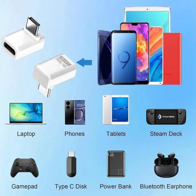 Alt view image 5 of 7 - JAENFONG USB C 90 Degree Adapter 80 Gbps USB C 240W Up and Down Male to Female Adapter Thunderbolt 5 Support 8K@60Hz Video for MacBook Laptop Tablet etc(White 2pack)