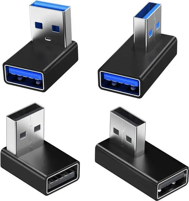 Main image of JAENFONG 90 Degree USB 3.0 Adapter 4 Pack Left and Right Angle and Vertical Up and Down Angle USB A Male to Female Converters Extend Laptops USB Disk Power Bank Chargers and Other USB A Devices