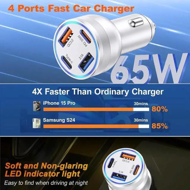 Alt view image 4 of 6 - 65W iPhone 15/16 Pro Max USB C Car Charger 4-Port USB-C&USB-A Car Charger Adapter Fast Charging USB C Cigarette Lighter Adapter+6FT Braided USB C Cable for iPhone 15/16/16 Plus/16 Pro/16 Pro Max iPad