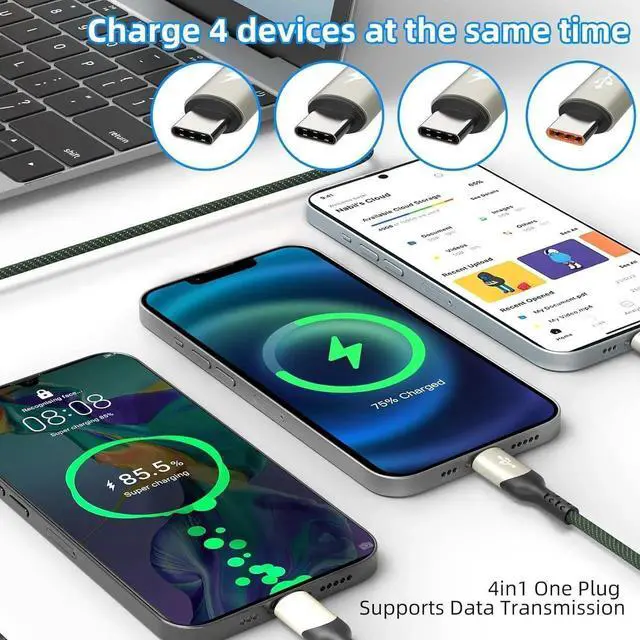 Alt view image 6 of 7 - 2Pack 4FT Multi Charging Cable USB C Splitter Cable4 in 1 Fast Charging QC3.0 Nylon Braided Charging Cord with 4 Type-C Cable for iPhone 16/15 Pro Max/Android and Tablets (USB C Splitter Cable)