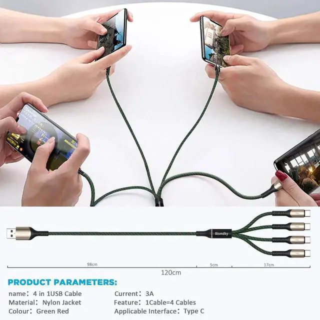 Alt view image 3 of 7 - 2Pack 4FT Multi Charging Cable USB C Splitter Cable4 in 1 Fast Charging QC3.0 Nylon Braided Charging Cord with 4 Type-C Cable for iPhone 16/15 Pro Max/Android and Tablets (USB C Splitter Cable)
