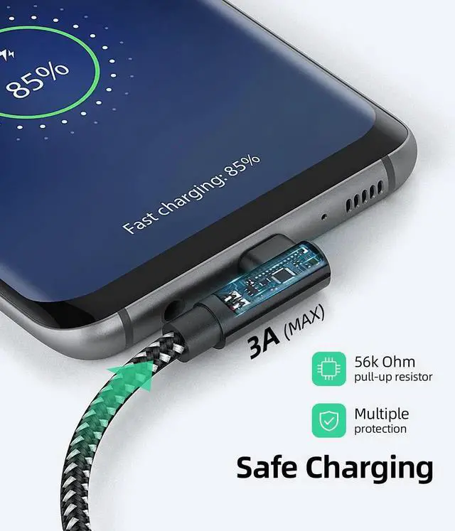 Alt view image 4 of 7 - JAENFONG Short USB C Cable Right Angle 1ft [3Pack 1ft] Portable USB-C Charger Nylon Braided Fast Charging Cord for Galaxy S10 S9 S8 Plus Note 9 8 Power Bank and Other Type c Devices