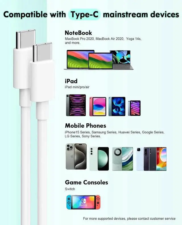 Alt view image 4 of 7 - USB C Charger Cable - 5Pack 6FT (60W/3.1A) USB C to USB C Cable Type C Fast Charging Cord for iPhone 15/15 Pro/15 Plus/15 Pro Max MacBook Pro iPad mini 6/Pro 2021/Air 4 Galaxy S23