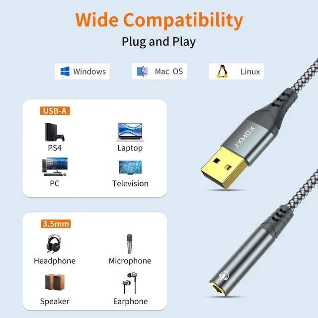Alt view image 5 of 7 - JAENFONG USB to 3.5mm Audio Adapter (2-Pack) - USB-A to 3.5mm TRRS 4-Pole Female External Stereo Sound Card for Headphones Mac PS4 PS5 PC Laptops Desktops