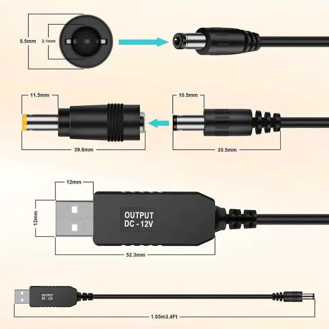 Alt view image 2 of 7 - JAENFONG USB Voltage Step Up Converter - DC 5V to 12V 3ft Cable with DC Jack 5.5 x 2.5mm or 5.5 x 2.1mm