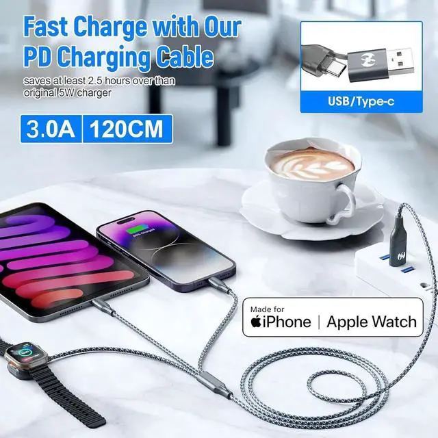 Alt view image 2 of 6 - Multi Charging Cable for Watch Charger 4FT Nylon Braided USB Lightning Type C USB C Cord iWatch Magnetic Wireless Charger 3 in 1 Charging Wire for iPhone Android Phone and iWatch