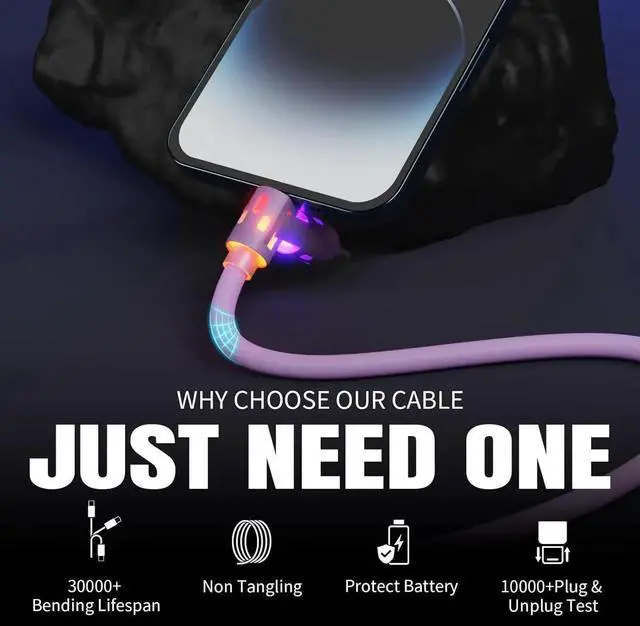 Alt view image 6 of 7 - USB C Cable 240W 4 in 1 Charging Cable 4FT Charging Cable Fast Charging & Data Sync Multi USB Cable with Breathing Light Charger Cord for iPhone 16/15 14 MacBook iPad Tablets Purple