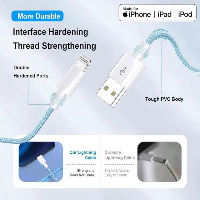 Alt view image 4 of 7 - iPhone Charger 10ft Lightning Cable 4Pack MFi Certified Nylon Braided USB Fast Charging Cord for iPhone 14 13 12 11 Pro MAX Xs XR X 8 7 6S 6 Plus SE 5S 5C