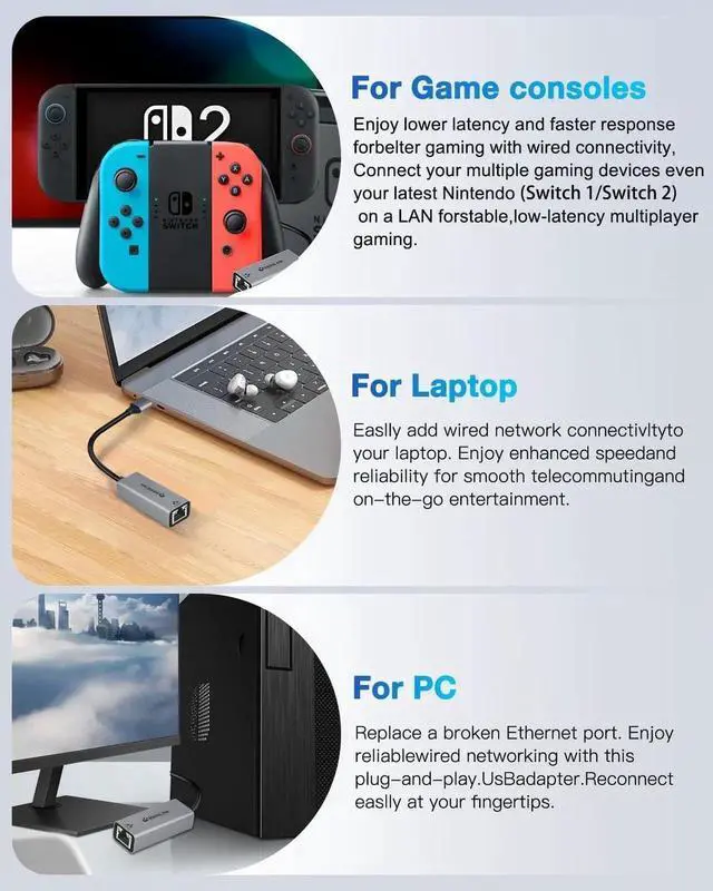 Alt view image 2 of 7 - USB to Ethernet Adapter Ethernet to USB USBA to RJ45 for Nintendo Switch 2 or 1 Gigabit Ethernet to USB3.0 Adapter 1000MBPS LAN Network for Laptop MacBook Chromebook Surface Desktop PC and More