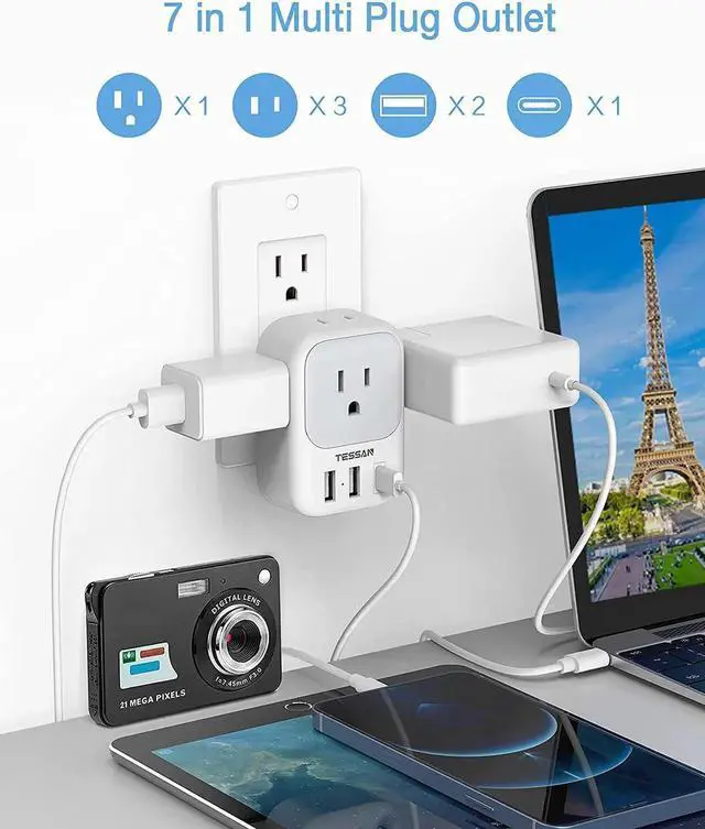 Alt view image 4 of 6 - USB Wall Charger Wall Plug Adapter Outlet Extender 3 Charger Block (1 USB C Port) Multi Charging Station for Cruise Bathroom Office Dorm Essentials