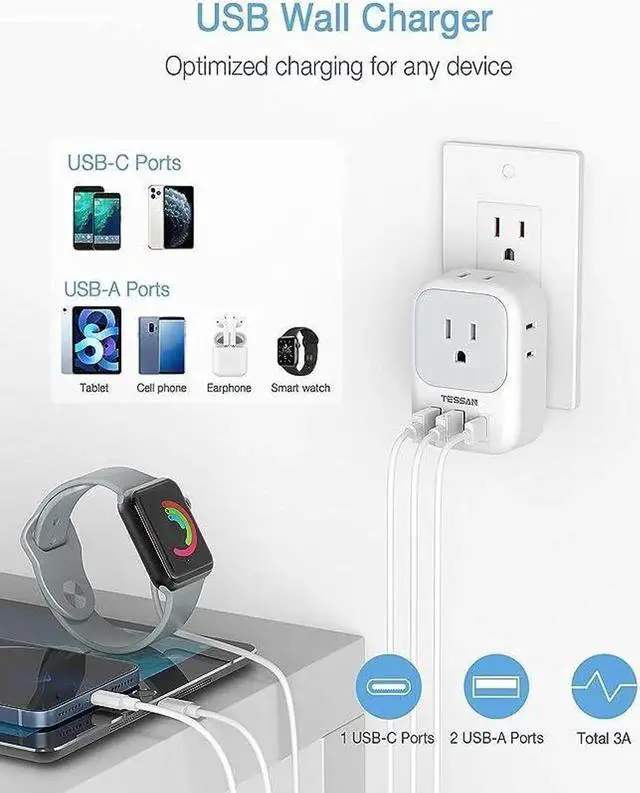 Alt view image 5 of 6 - USB Wall Charger Wall Plug Adapter Outlet Extender 3 Charger Block (1 USB C Port) Multi Charging Station for Cruise Bathroom Office Dorm Essentials