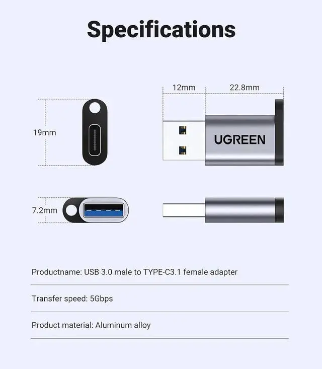 Alt view image 2 of 7 - JAENFONG 10Gbps USB C Female to USB Male Adapter Type C to USB A Charger Cable Converter Compatible with Watch iPhone 15 14 13 AirPods 3 MacBook Galaxy Google Pixel etc Gray
