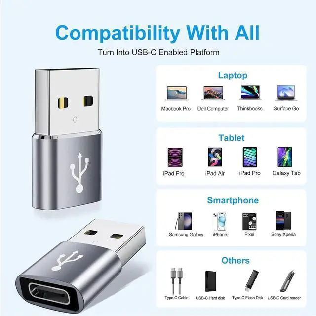 Alt view image 4 of 7 - JAENFONG USB to USB C Adapter 10 Pack USBC to USB Adapter USBA to USBC Adapter TypeC to USBA Male Female OTG Converter for iPhone 16 15 MacBook PS5 Phones Charger Grey