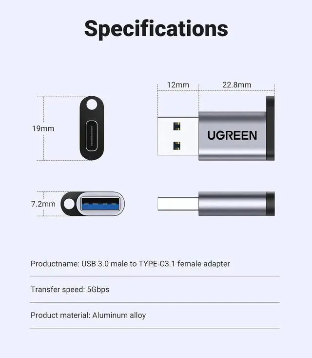 Alt view image 2 of 7 - JAENFONG 10Gbps USB C Female to USB Male Adapter Type C to USB A Charger Cable Converter Compatible with Watch iPhone 15 14 13 AirPods 3 MacBook Galaxy Google Pixel etc Gray