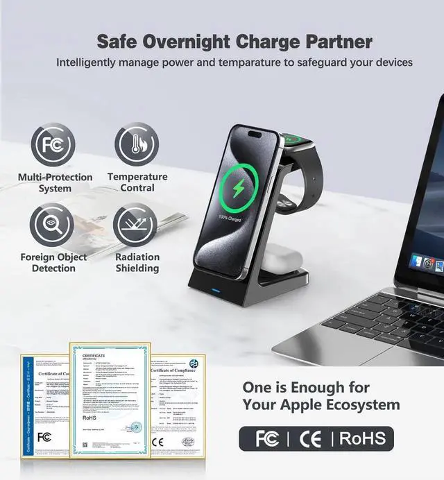 Alt view image 4 of 6 - 3 in 1 Magnetic Wireless Charging Station 20W Charger Stand Magnetic Wireless Charger for iPhone 16 15 14 13 12 Pro/Pro Max/Plus/Mini AirPods 2/3/Pro iWatch Ultra/8/7/SE/6/5/4/3/2 (3 in 1)