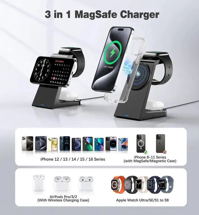 Alt view image 5 of 6 - 3 in 1 Magnetic Wireless Charging Station 20W Charger Stand Magnetic Wireless Charger for iPhone 16 15 14 13 12 Pro/Pro Max/Plus/Mini AirPods 2/3/Pro iWatch Ultra/8/7/SE/6/5/4/3/2 (3 in 1)