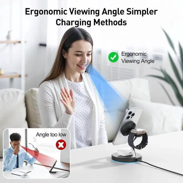 Alt view image 3 of 6 - 2025 3 in 1 Charging Station Compatible with Mag-Safe Charger Wireless Charger Stand for iPhone 16 15 14 13 12 Series Wireless Charging Station for AirPods Wireless Charging Stand for iWatch Series