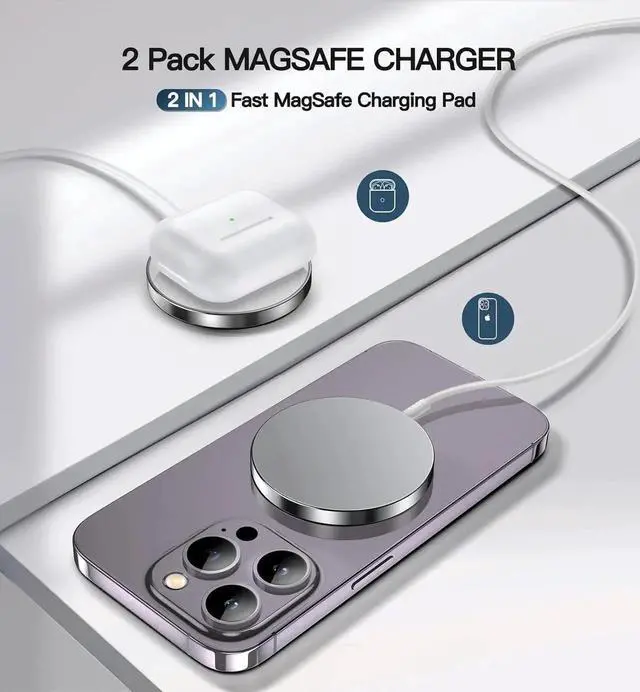 Alt view image 5 of 7 - Magnetic Wireless Charger 15W Fast Mag Safe Charger for Cell Phone 16 Pro Max/16 Pro/16 Plus/16/15/14/13/12 Series 2 Pack Charging Pad for AirPods 3/2/Pro 2/Pro Mag-Safe Original Replacement