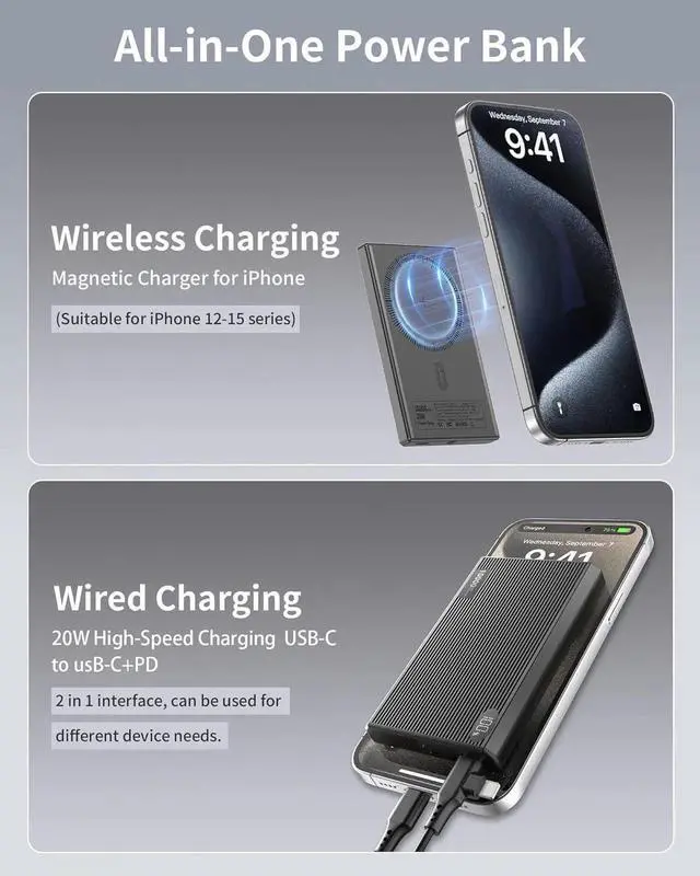 Alt view image 5 of 6 - Portable Charger Power Bank 10000mAh Wireless Charger iPhone with USB C to 20 W PD Fast Charging Cable Mag-Safe Battery Pack Magnetic Charger for iPhone 16/15/14/13/12 Pro/Pro Max/Plus iPad