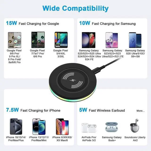 Alt view image 6 of 6 - Android Wireless Charger Fast Charging Pad for Galaxy S25 Ultra S25+ S25 S24 FE S24 Ultra S24+ S24 S23 S22 S21 S20 FE Pixel Wireless Charger Phone Charger Station for Google Pixel 9 8a 7 Pro