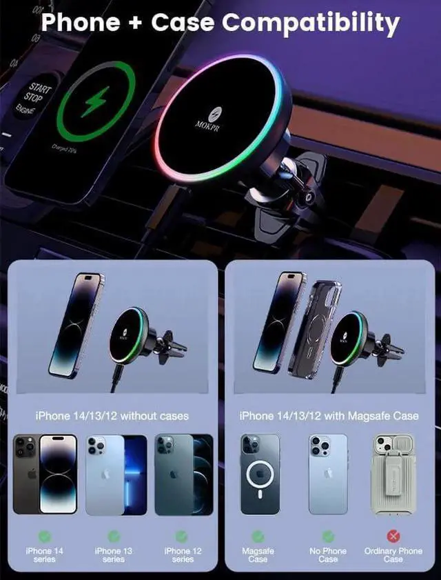 Alt view image 4 of 7 - for Magsafe Car Mount Charger-15W Wireless Car Charger-Magnetic Car Phone Holder for Dash Air Vent-LED RGB HandsFree Car Mount Fast Car Charger for iPhone 14/13/12 Series