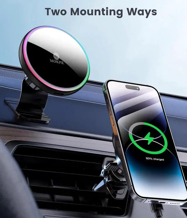 Alt view image 6 of 7 - for Magsafe Car Mount Charger-15W Wireless Car Charger-Magnetic Car Phone Holder for Dash Air Vent-LED RGB HandsFree Car Mount Fast Car Charger for iPhone 14/13/12 Series