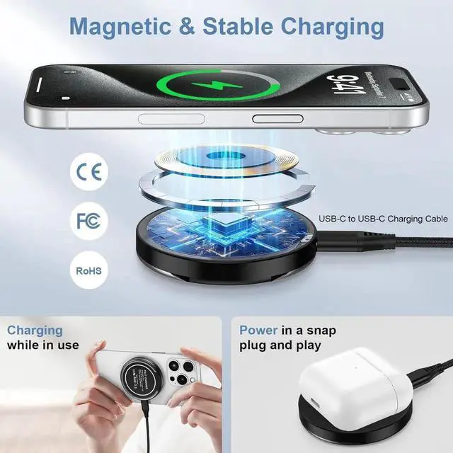 Alt view image 2 of 7 - Magnetic Charger Wireless Fast Charging Pad for Galaxy S25 Ultra/S24 Plus/S23/S22/S21/S20/S10/15W MagSafe Charger Stand for iPhone 16e/16 Pro Max/16/15/14/13/12/Pixel 9 Pro/9a/8a/7a/7