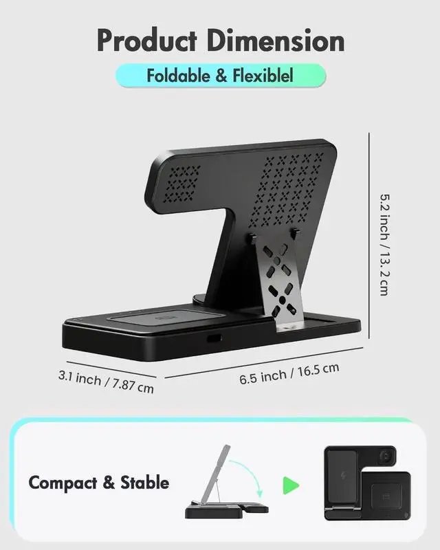 Alt view image 7 of 7 - Wireless Charger iPhone Charging Station: 3 in 1 Charger Stand Multiple Devices for - iPhone 16e 16 15 14 Pro Max 13 12 11 - Watch 10 9 8 7 6 5 4 3 2 SE and Ultra Series - Airpods 4 3 2 Pro