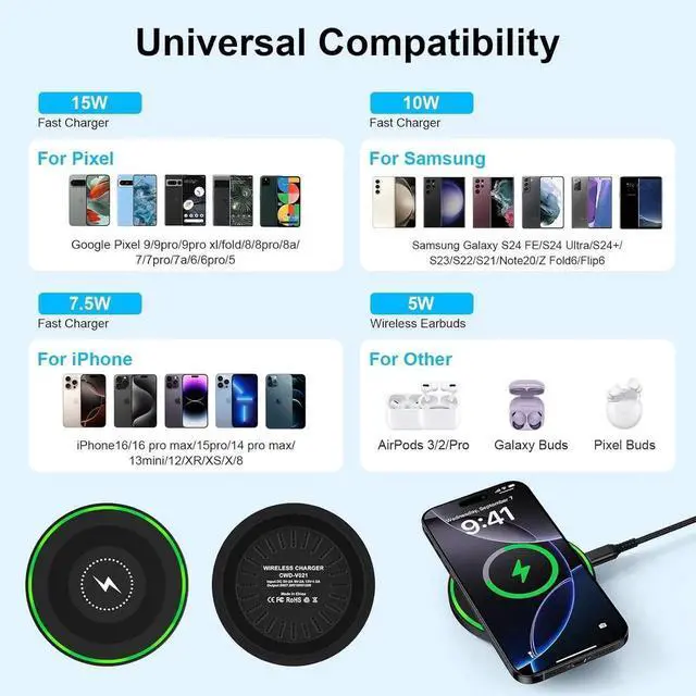 Alt view image 5 of 7 - 15W Wireless Charger Fast Charging Pad for Motorola Moto G Power 2025/razr+/G Stylus 5G 2024/Edge+ Android Wireless Charging Station with 18W Adapter for Galaxy S25 Ultra S24 FE 23 Pixel 9 8a