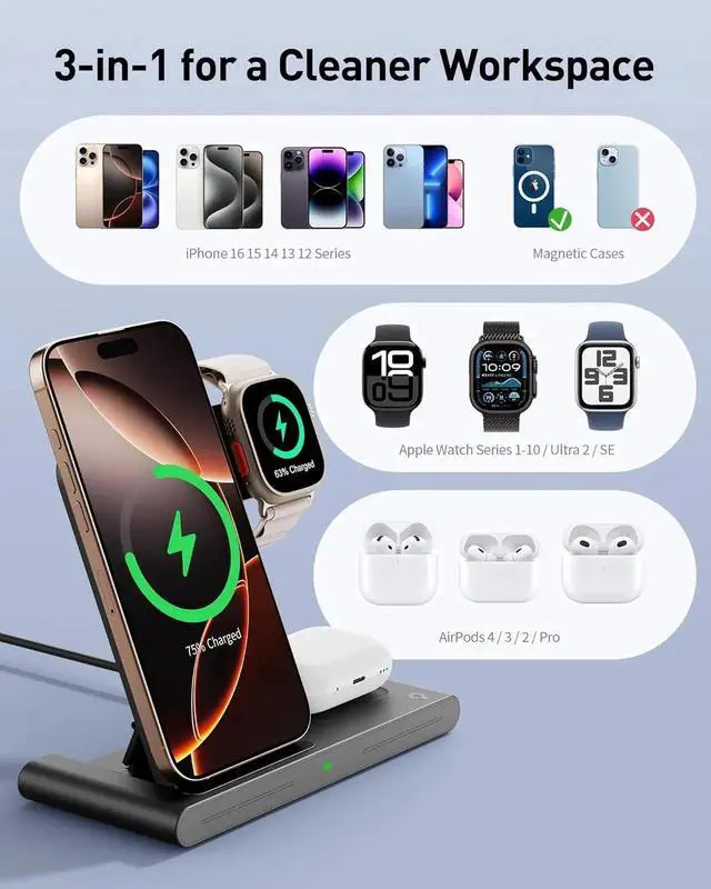 Alt view image 7 of 7 - 2025 Traveling Portable Wireless Fast Charger for & Android Charging Station 3 in 1 Charging for iPhone 16 15 14 13 12 Watch Series & Air pods 4 3 2 Pro Galaxy-Gifts for Family