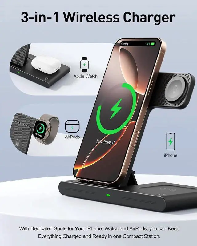 Alt view image 6 of 7 - 2025 Traveling Portable Wireless Fast Charger for & Android Charging Station 3 in 1 Charging for iPhone 16 15 14 13 12 Watch Series & Air pods 4 3 2 Pro Galaxy-Gifts for Family