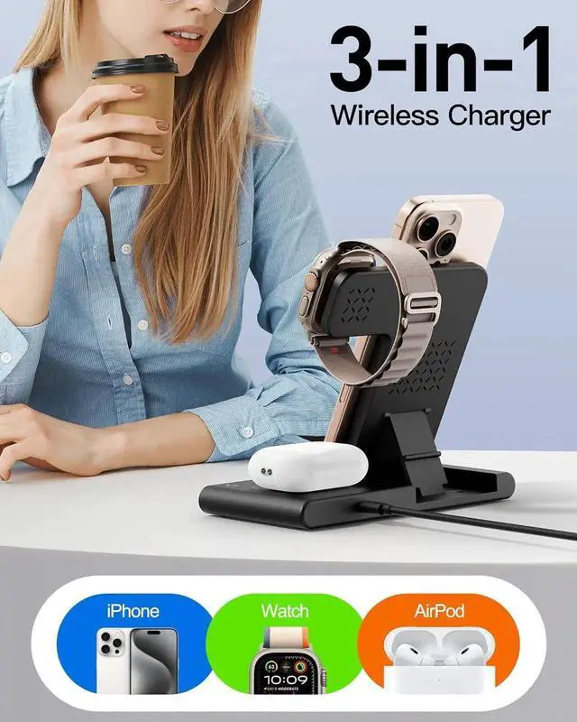 Alt view image 2 of 7 - 2025 Traveling Portable Wireless Fast Charger for & Android Charging Station 3 in 1 Charging for iPhone 16 15 14 13 12 Watch Series & Air pods 4 3 2 Pro Galaxy-Gifts for Family