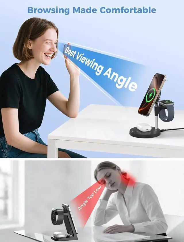 Alt view image 5 of 6 - 3 in 1 Wireless Charging Station for Multiple Devices 15W Fast Magnetic Mag-Safe Charger Stand for iPhone 16 15 14 13 12 Pro Max Plus Mini Watch 4 3 2 Black