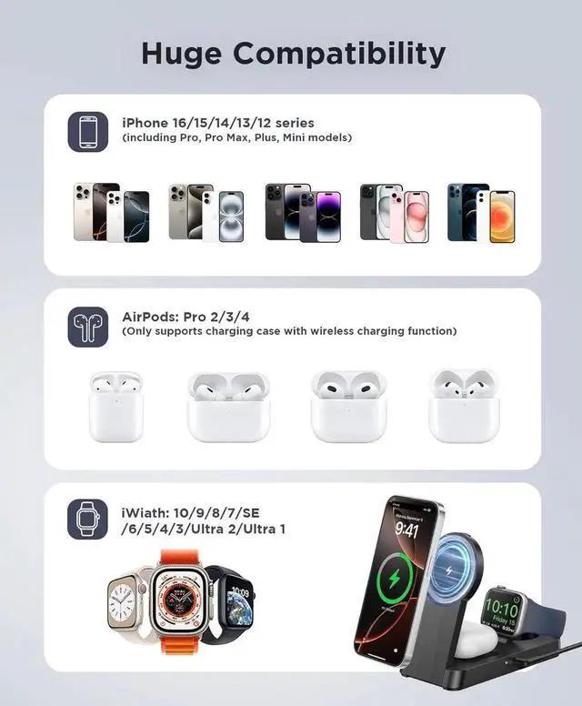 Alt view image 4 of 6 - 3 in 1 Magnetic Wireless for iPhone Charging Station: Foldable Portable Charger for iPhone 16-12 Pro Max & Watch & AirPods for Multiple Devices Charger for Home Office&Travel