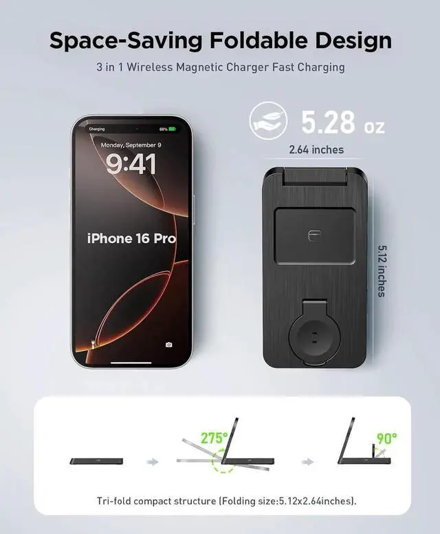 Alt view image 2 of 6 - 3 in 1 Magnetic Wireless for iPhone Charging Station: Foldable Portable Charger for iPhone 16-12 Pro Max & Watch & AirPods for Multiple Devices Charger for Home Office&Travel