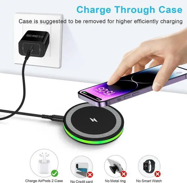 Alt view image 4 of 7 - Wireless Fast Charger Android Phone Charging Pad Wireless Charging Station for Galaxy S25 Ultra S25 Plus S24 S23 S22 S21 S20 S10 iPhone 16 Pro Max Plus 15 14 with QC 3.0 Power Adapter